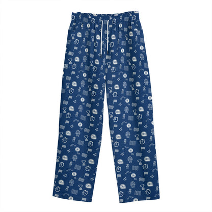 Blue pajama pants with white pattern on a white background